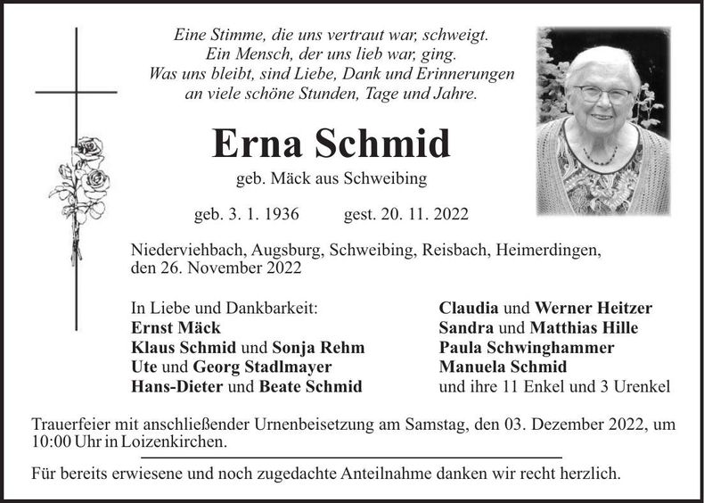 Traueranzeige Erna Schmid