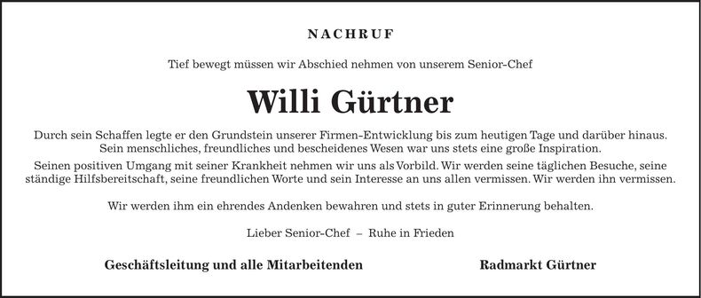 Traueranzeige Willi Gürtner
