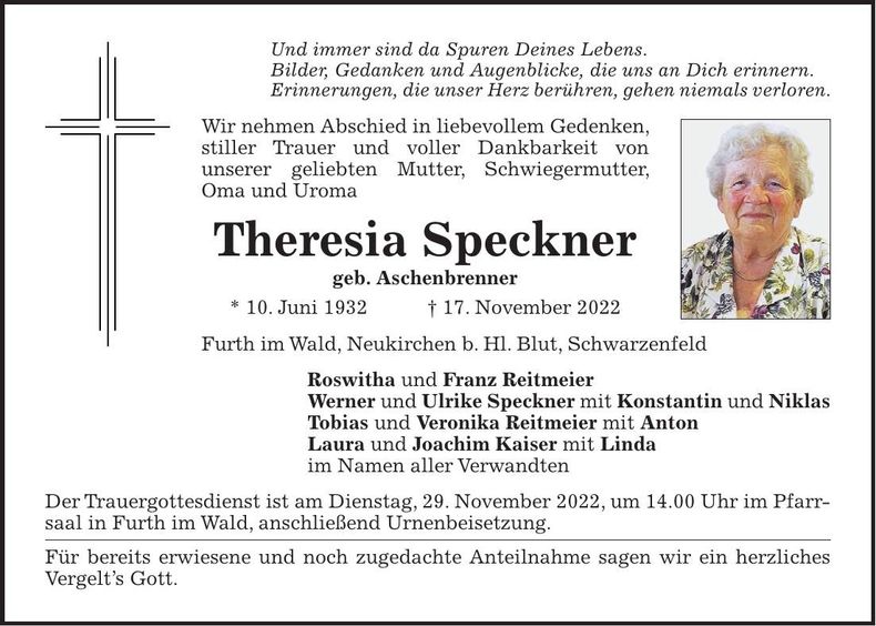 Traueranzeige Theresia Speckner
