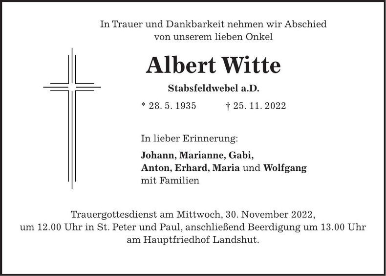 Traueranzeige Albert Witte