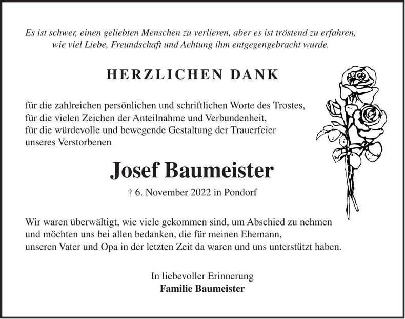 Traueranzeige Josef Baumeister