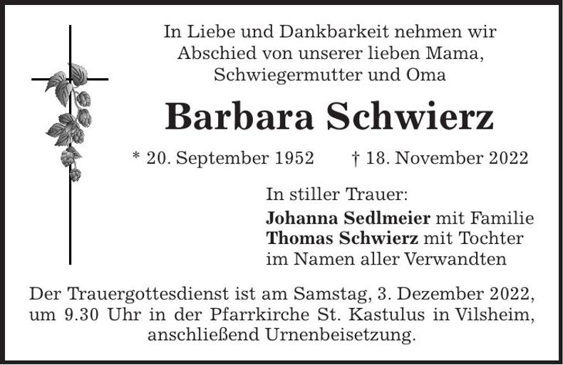 Traueranzeige Barbara Schwierz