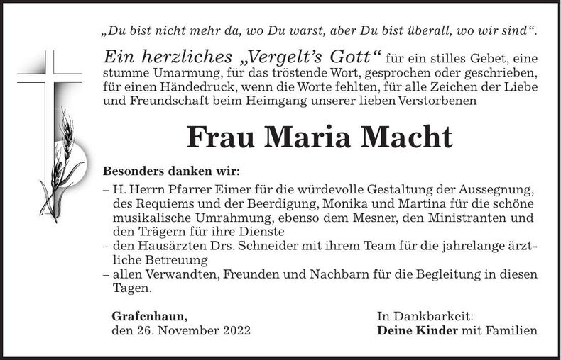Traueranzeige Maria Macht