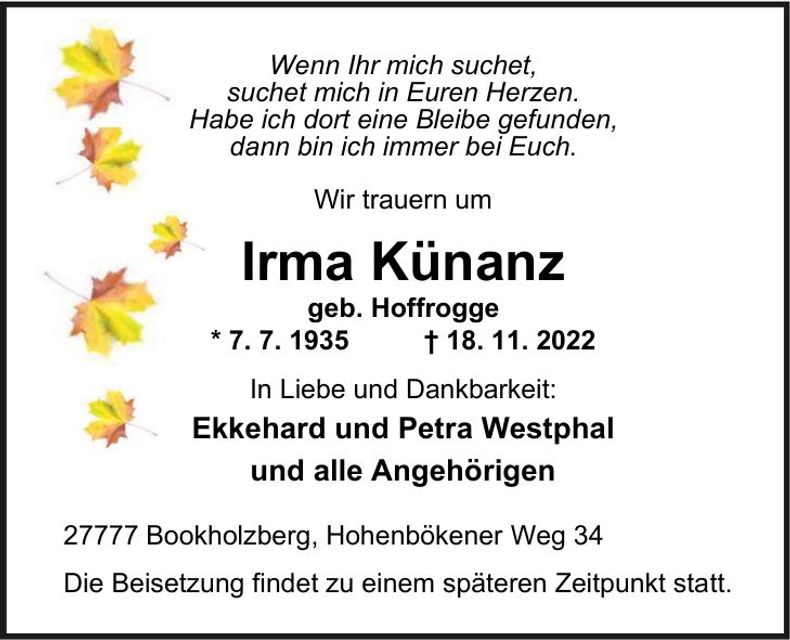 Traueranzeige Irma Künanz