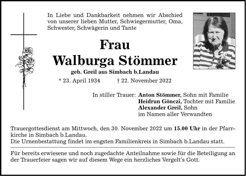 Traueranzeige Walburga Stömmer