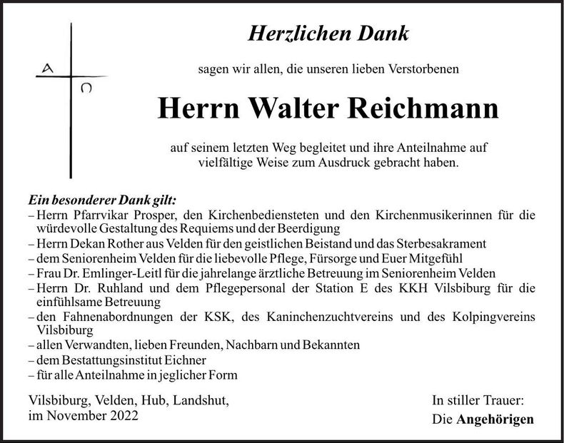 Traueranzeige Walter Reichmann