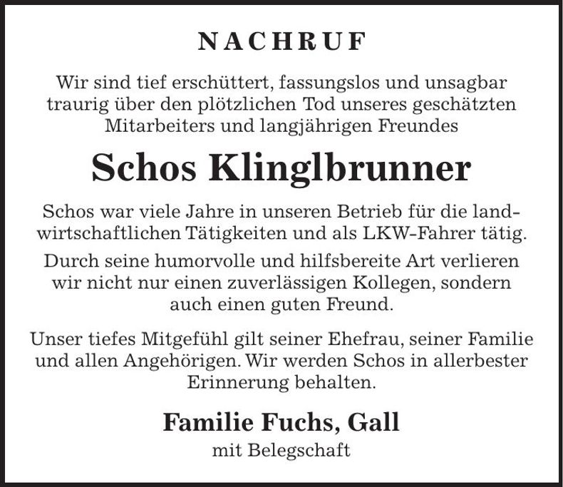 Traueranzeige Schos Klinglbrunner
