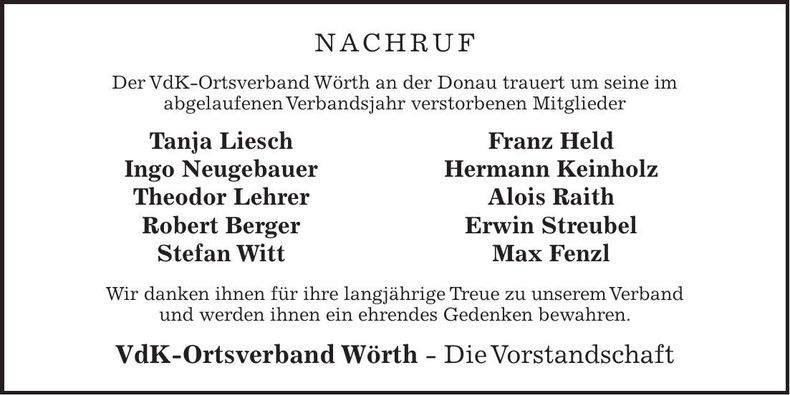 Traueranzeige Ortsverband Vdk Wörth