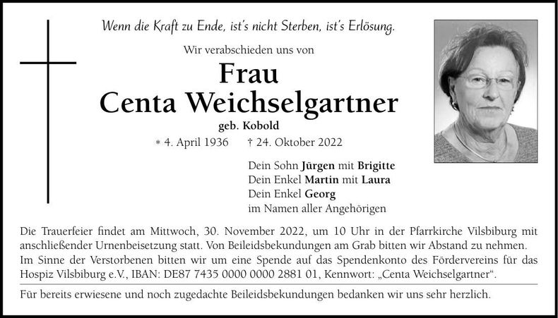 Traueranzeige Centa Weichselgartner