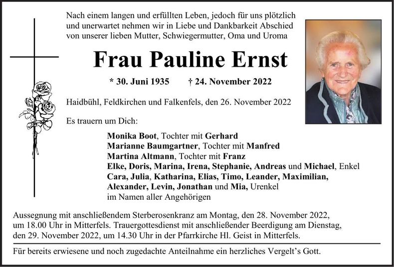 Traueranzeige Pauline Ernst