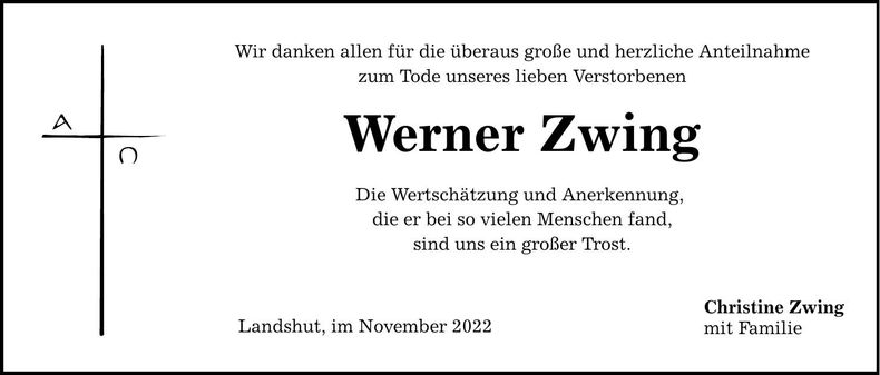 Traueranzeige Werner Zwing