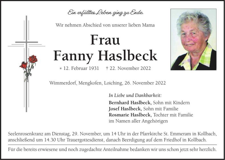 Traueranzeige Franziska Haslbeck