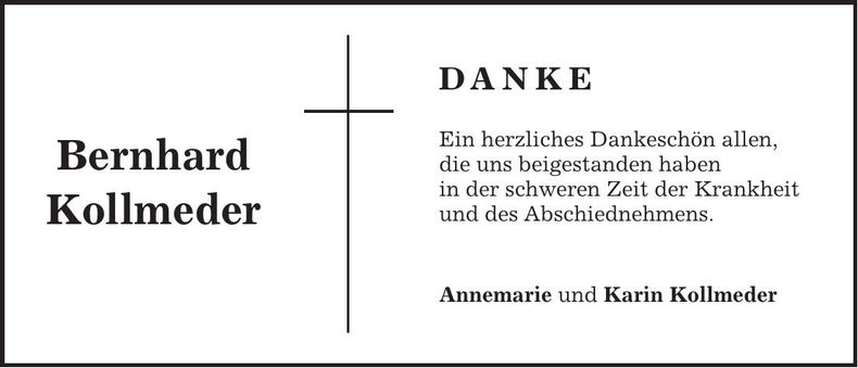 Traueranzeige Bernhard Kollmeder