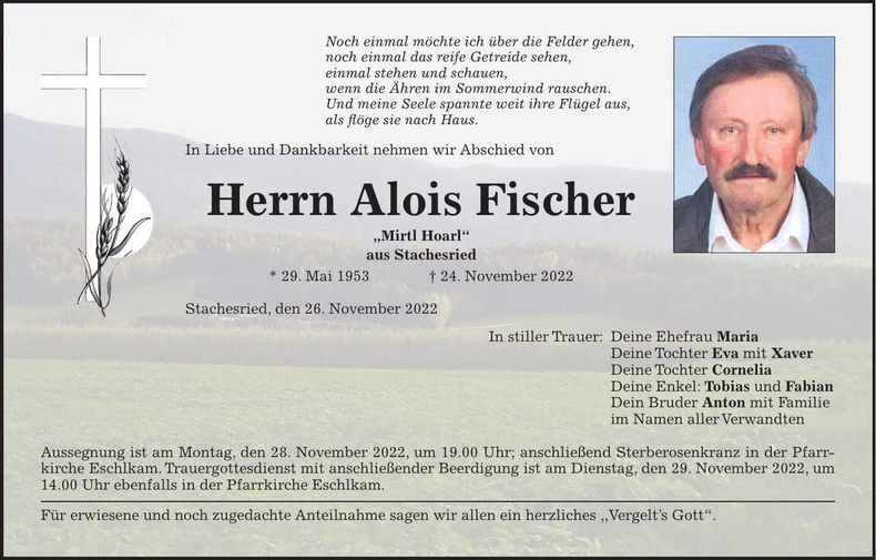 Traueranzeige Alois Fischer