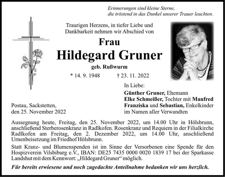 Traueranzeige Hildegard Gruner
