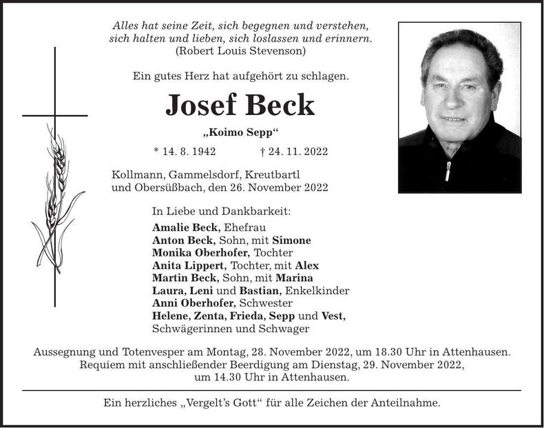 Traueranzeige Josef Beck