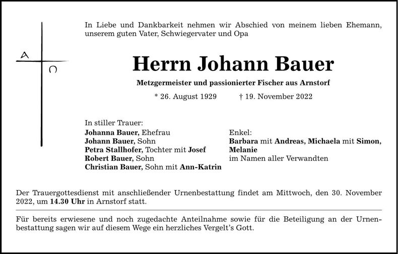 Traueranzeige Johann Bauer