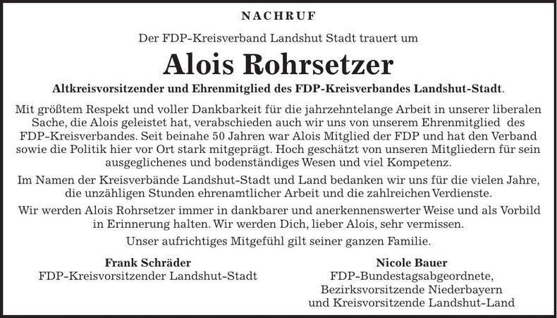 Traueranzeige Alois Rohrsetzer