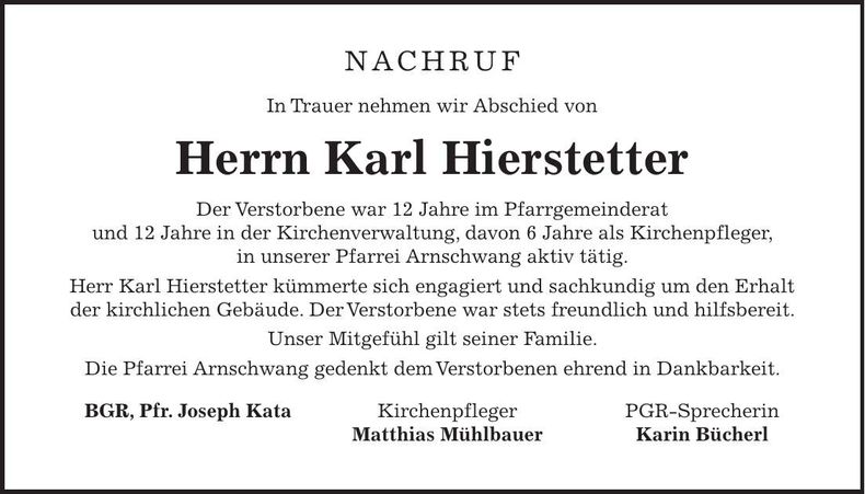 Traueranzeige Karl Hierstetter