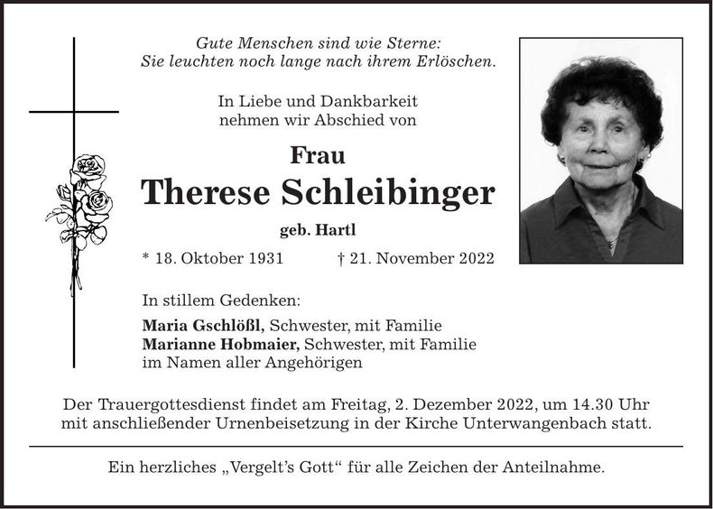 Traueranzeige Therese Schleibinger