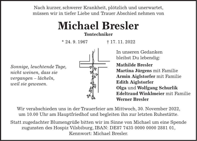 Traueranzeige Michael Bresler
