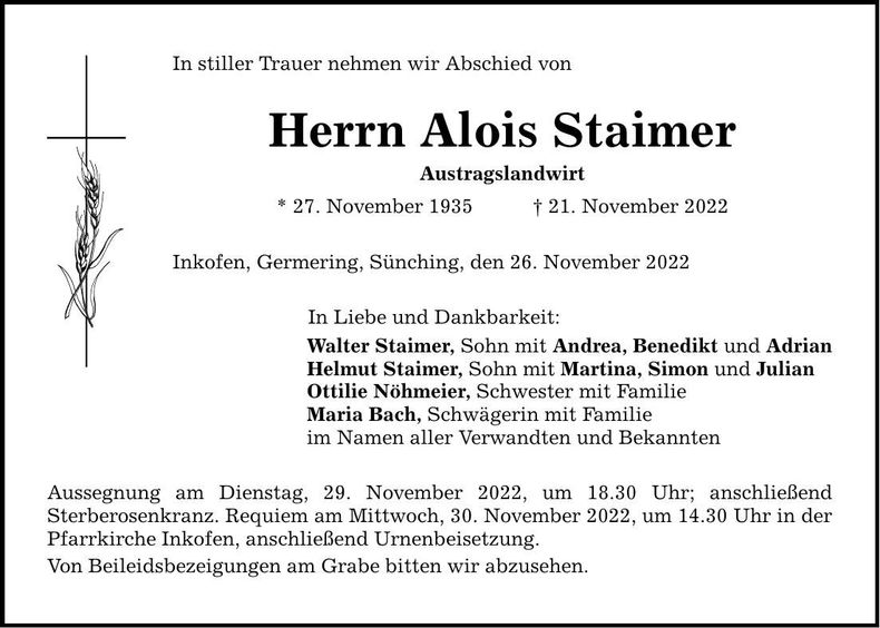 Traueranzeige Alois Staimer