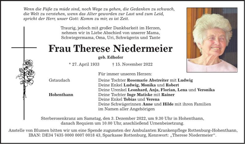 Traueranzeige Therese Niedermeier