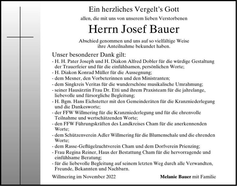 Traueranzeige Josef Bauer