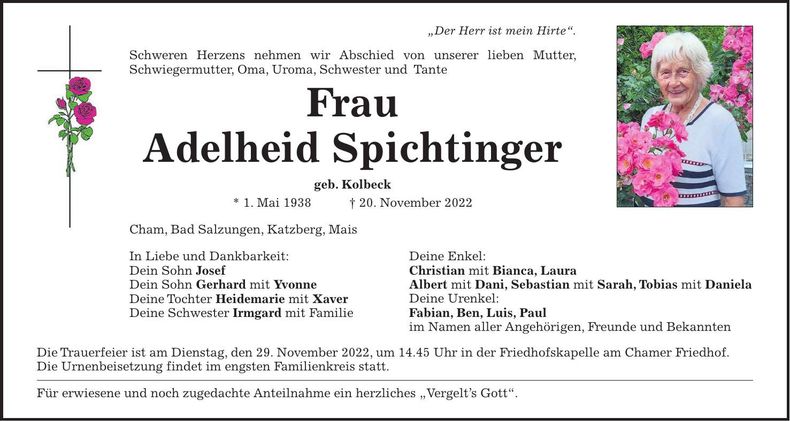 Traueranzeige Adelheid Spichtinger