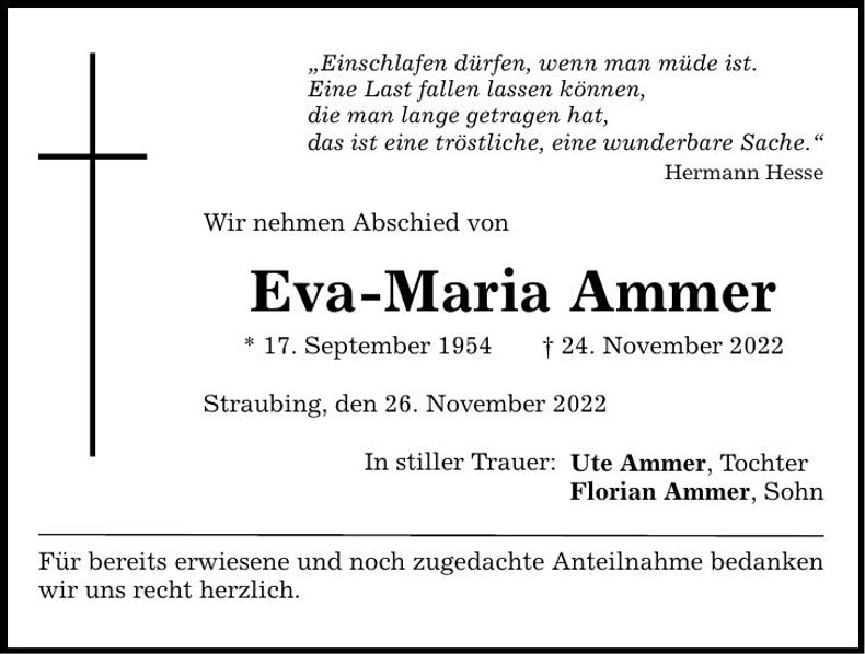Traueranzeige Eva-Maria Ammer
