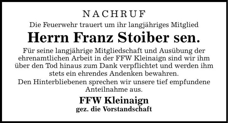 Traueranzeige Franz Stoiber sen.
