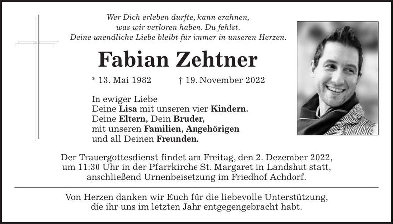 Traueranzeige Fabian Zehtner