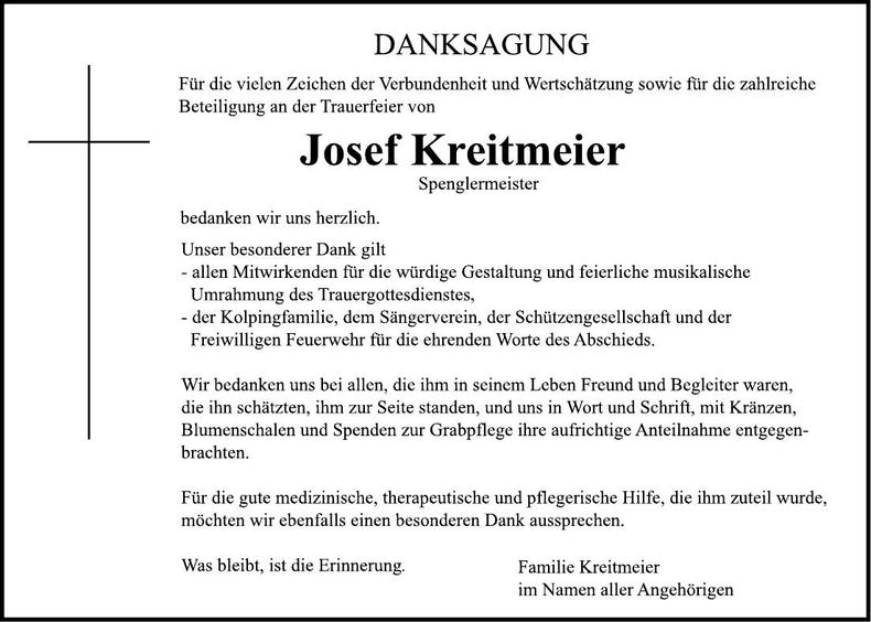 Traueranzeige Josef Kreitmeier