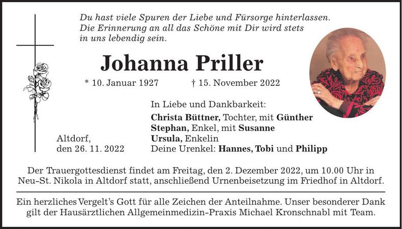 Traueranzeige Johanna Priller