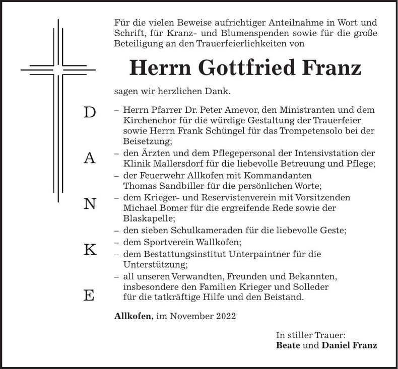 Traueranzeige Gottfried Franz
