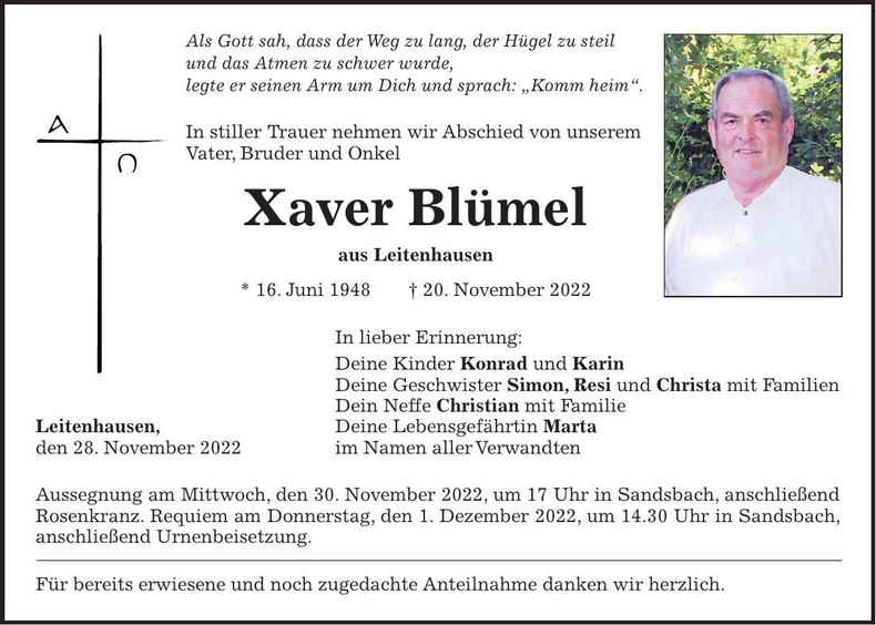 Traueranzeige Xaver Blümel