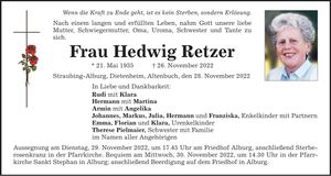 Traueranzeige Hedwig Retzer