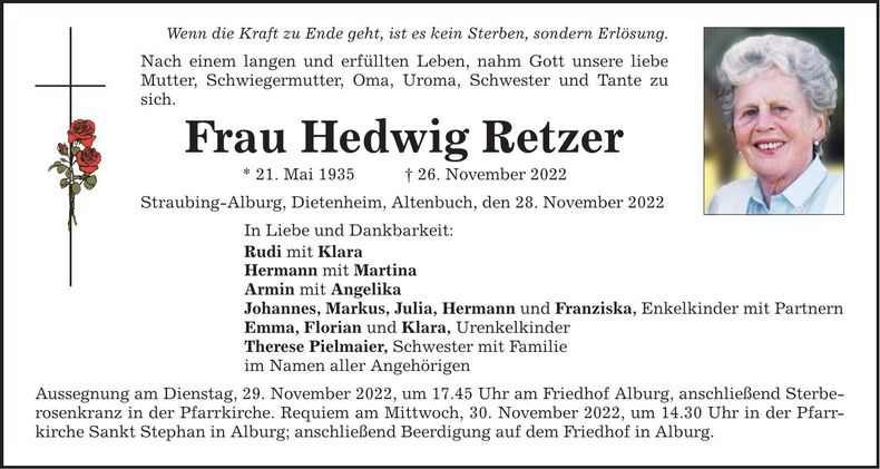 Traueranzeige Hedwig Retzer