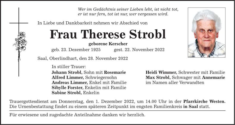 Traueranzeige Therese Strobl