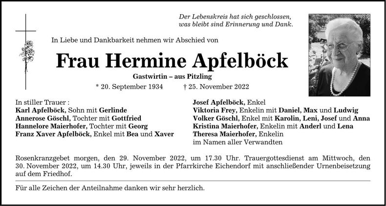 Traueranzeige Hermine Apfelböck