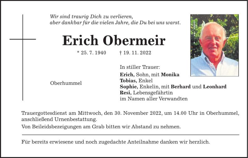 Traueranzeige Erich Obermeir