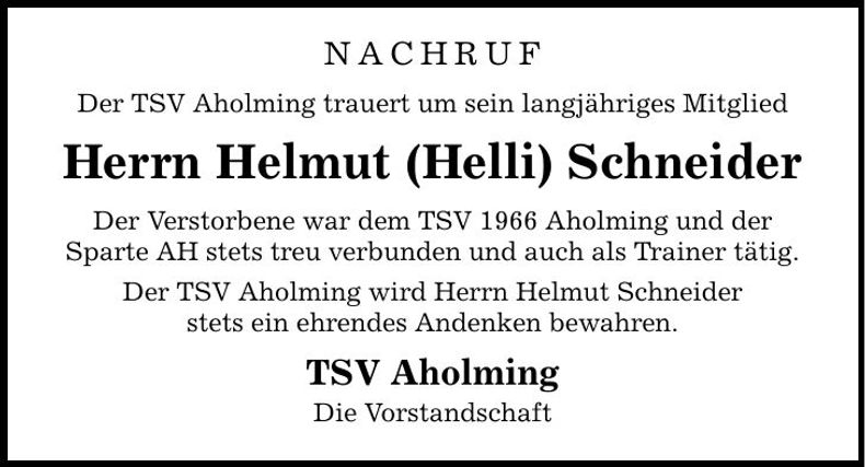 Traueranzeige Helmut Schneider