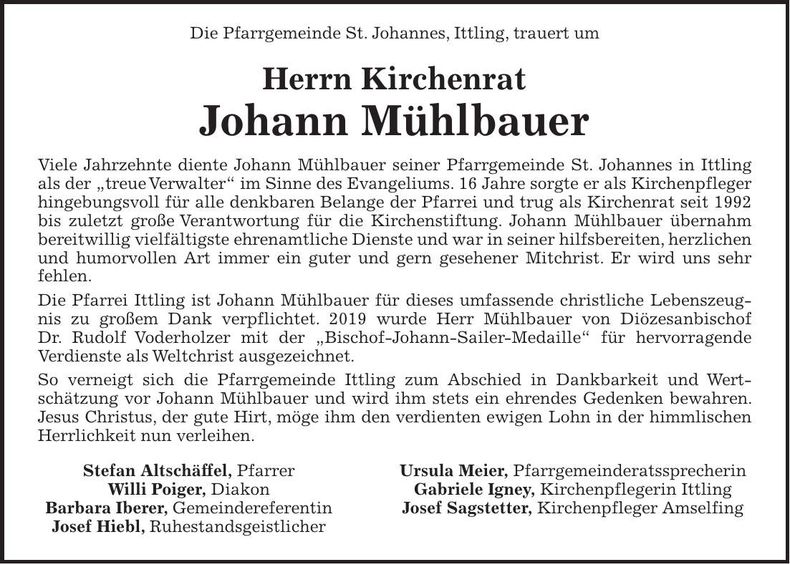 Traueranzeige Johann Mühlbauer