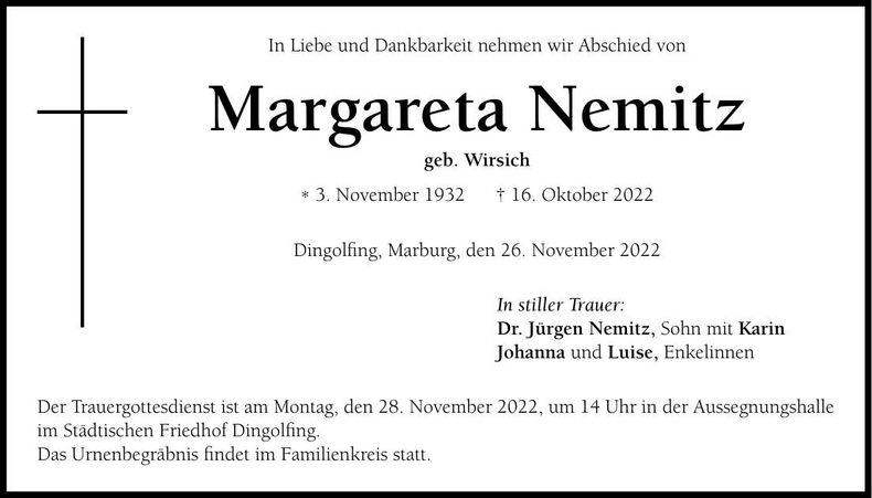 Traueranzeige Margareta Nemitz
