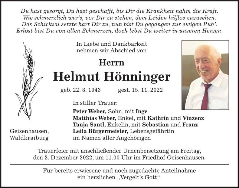 Traueranzeige Helmut Hönninger