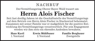 Traueranzeige Alois Fischer