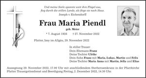 Traueranzeige Maria Piendl