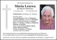 Traueranzeige Maria Lesewa