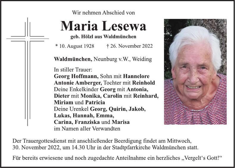 Traueranzeige Maria Lesewa