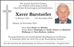 Traueranzeige Xaver Barstorfer